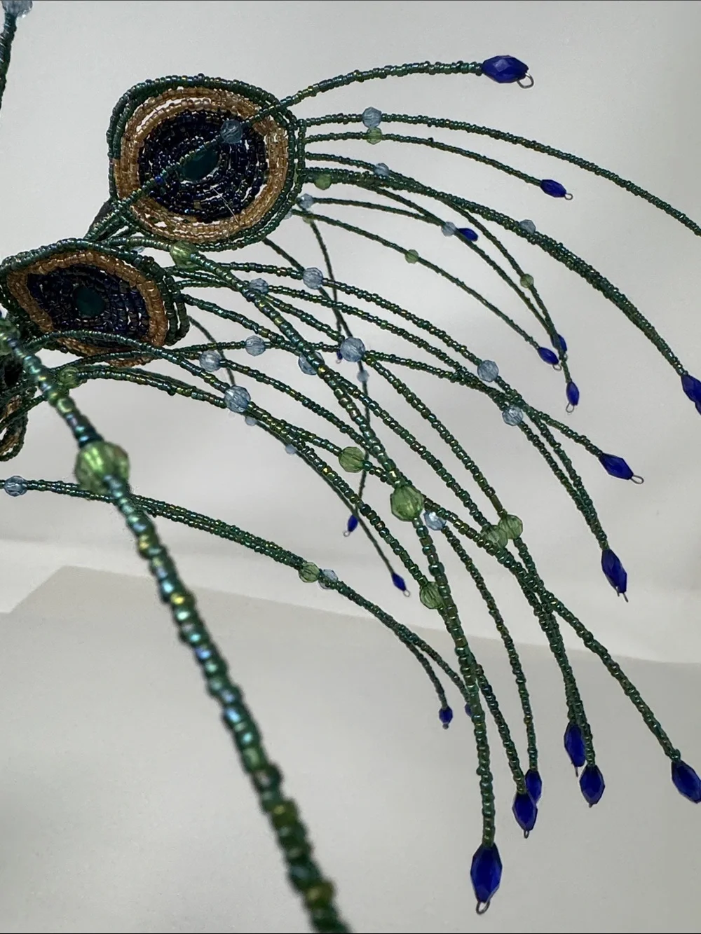 BEADED PEACOCK FEATHERS FOR A FLORAL ARRANGEMENT VASE DECOR ON STICK  RARE BOHO